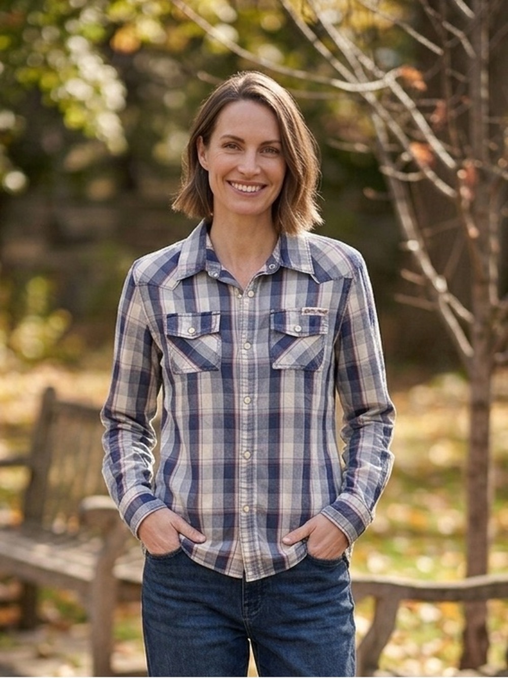 Lucky Brand Western-Style Blue and Pink Button Down Shirt with Pearl Buttons